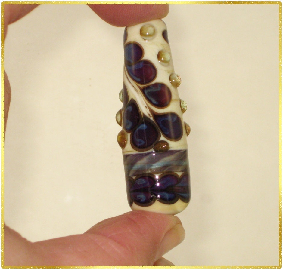 Handmade Lampwork Glass Bead in Ivory and Blue-Violet - Focal Art Bead - SRA - Golden Cone $8.99