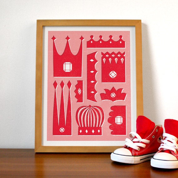 Girls Nursery Print - Princess Crowns in Red & Pink 9 x 12