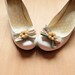 Sweet Rococo Bow Shoe-Clips with Latte Daisy Flowers - Aspergus Green and Cream striped floral tapestry style fabric