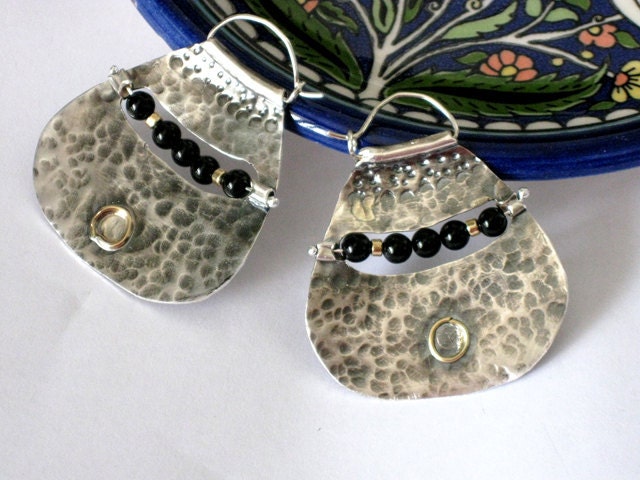 Large Sterling Hoops earrings with Black Onyx beads and 14k gold