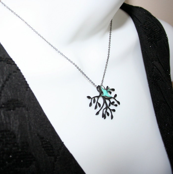 Tree Necklace  Black Tree Pendant  with Blue Patina by smilesophie