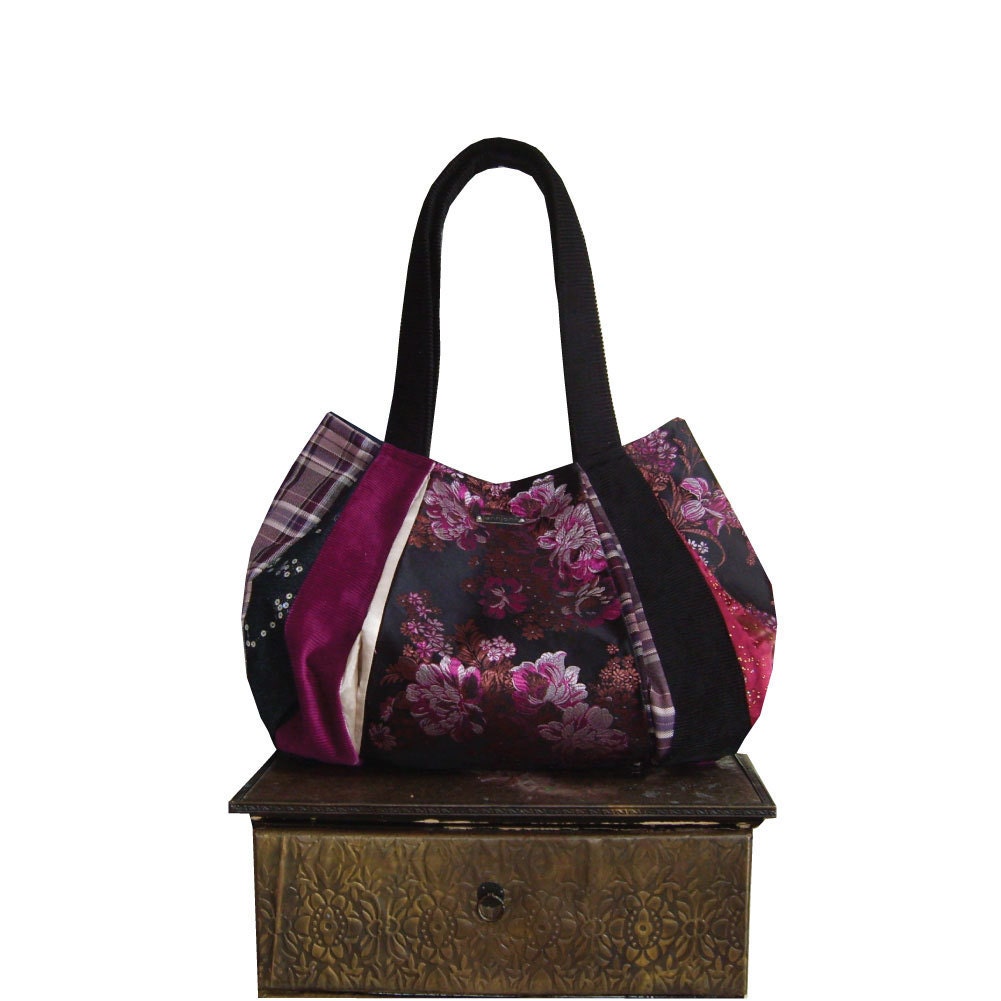 avant garde RASPBERRY MARTINI / Large Hobo / black and raspberry  floral satin, denim and corduroy: by jennjohn
