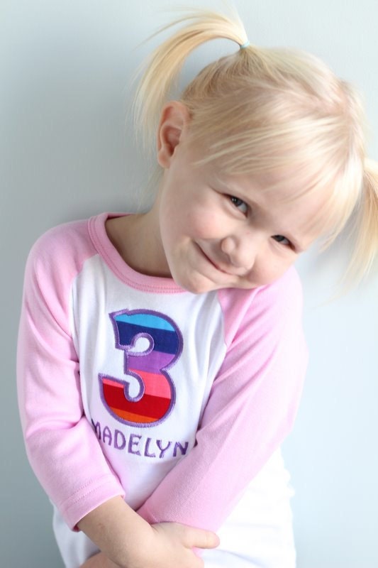 Rainbow Birthday Shirt on White/Pink Raglan Shirt - You choose the NUMBER, SIZE and NAME