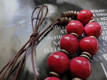 BLOW OUT SALE Red Necklace with Vintage Brass Rings, Vintage Lucite, Leather and Lucite, Necklace, Versatile Runway Layering Necklace