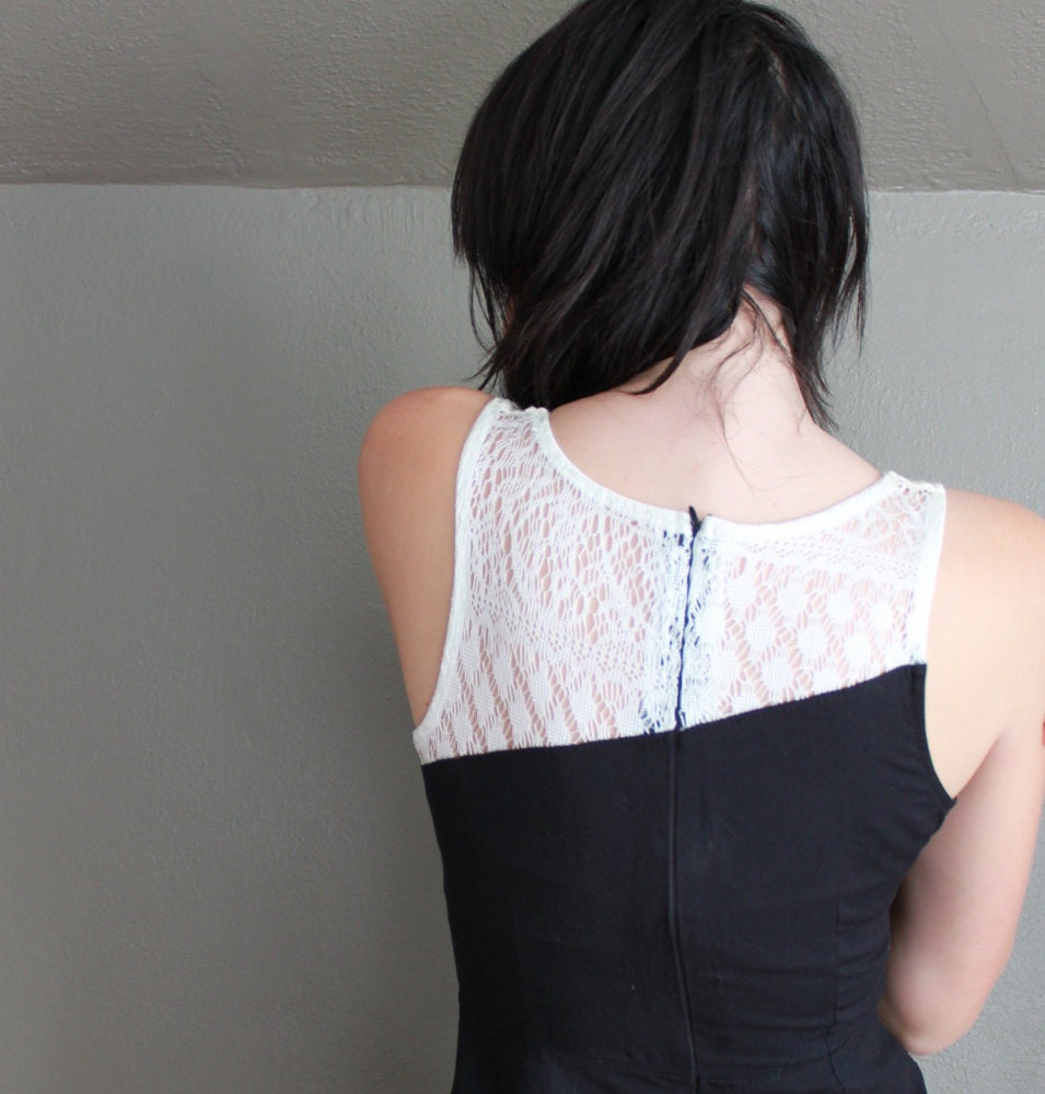 Mod black and white dress - classic cut, asymmetrical lace - small medium large