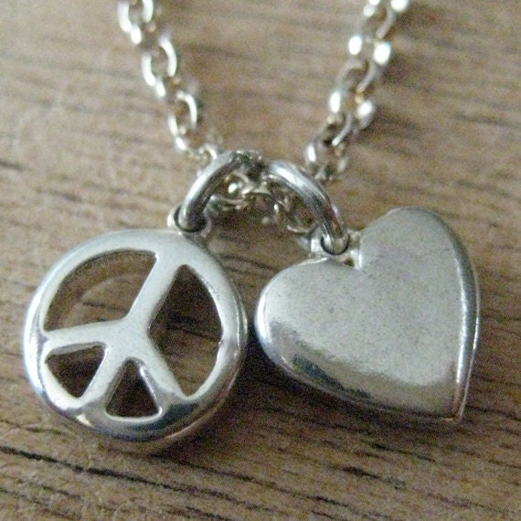 PeaceLoveEarth Recycled Sterling Silver Peace and Love Necklace w/ Peace Wax Sealed Box Recycled Box & Organic Cotton Pouch