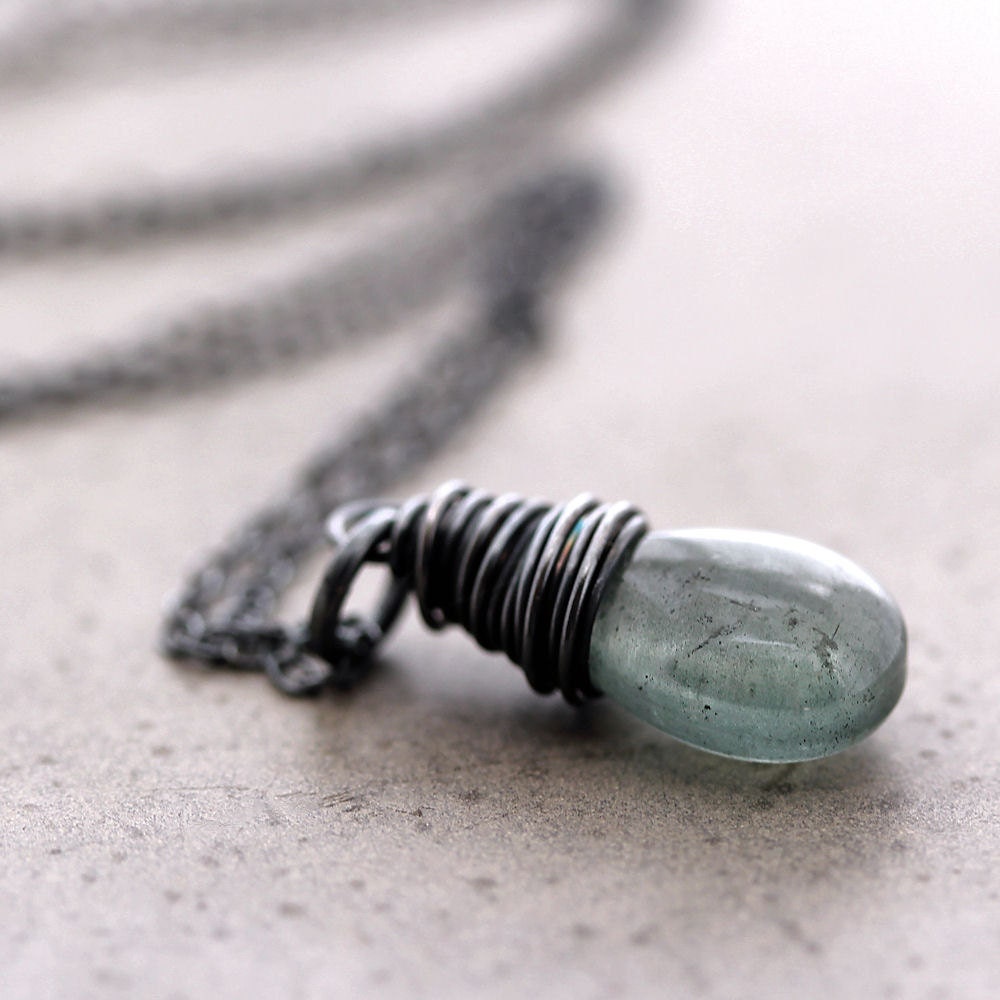 Moss Aquamarine Necklace, Sage Green Oxidized Sterling Silver Wire Wrapped Necklace - Mermaid