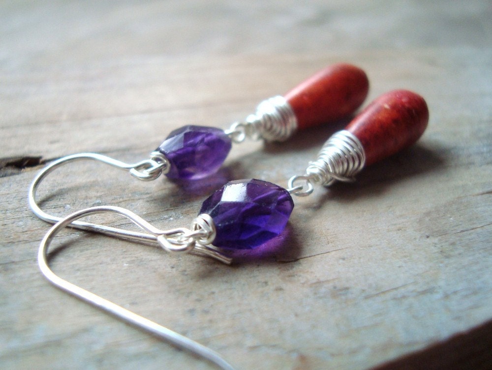 Coral and Amethyst Earrings Sterling Silver Wire Wrapped Fall Fashion February Birthstone - Winter Sunset