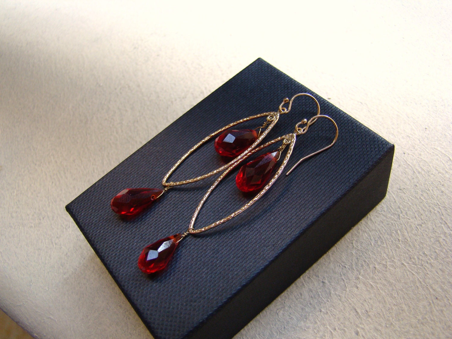 Ruby Red Teardrop Gold Earrings