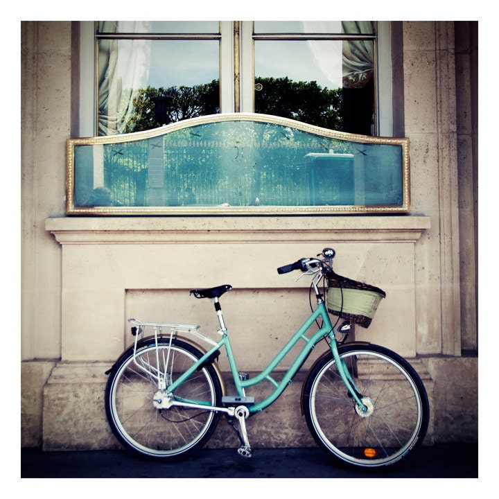 mint green paris bicycle photograph - whimsical fine art photography, europe, building, bike, blue, turquoise - 12x12