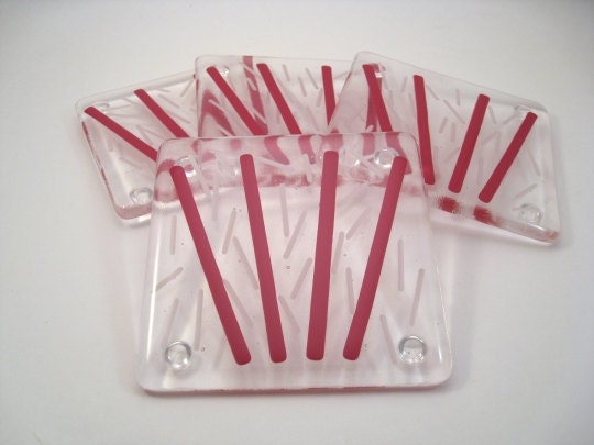 Holiday Fused Glass Coaster Set - Candy Cane Red