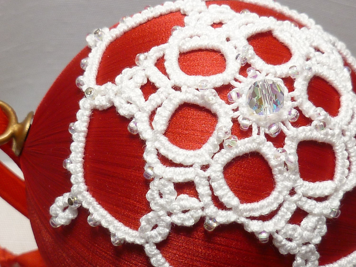 Tatted Lace Christmas Ornament -Snowflake on Satin Ball with glass beads - Snowball No.1