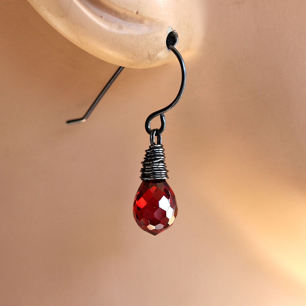 Red Earrings, Garnet Red Faceted Briolette Oxidized Sterling Silver Dangle Earrings - Fire Engine
