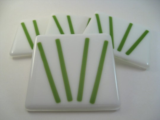 Fused Glass Coaster Set - Green Pine Needles