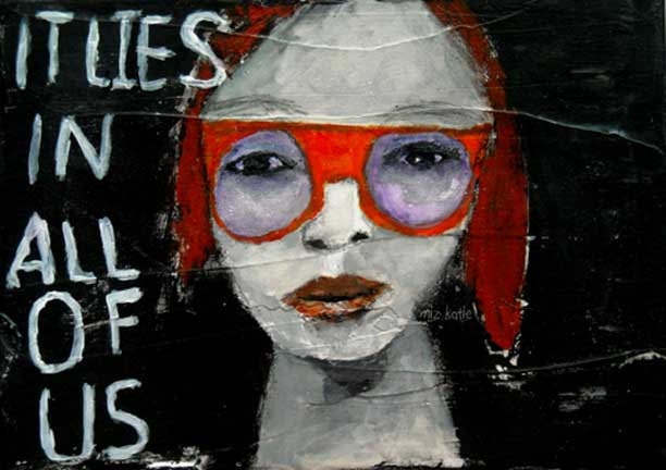 Funky girl wearing red glasses - original mixed media 5x7 painting