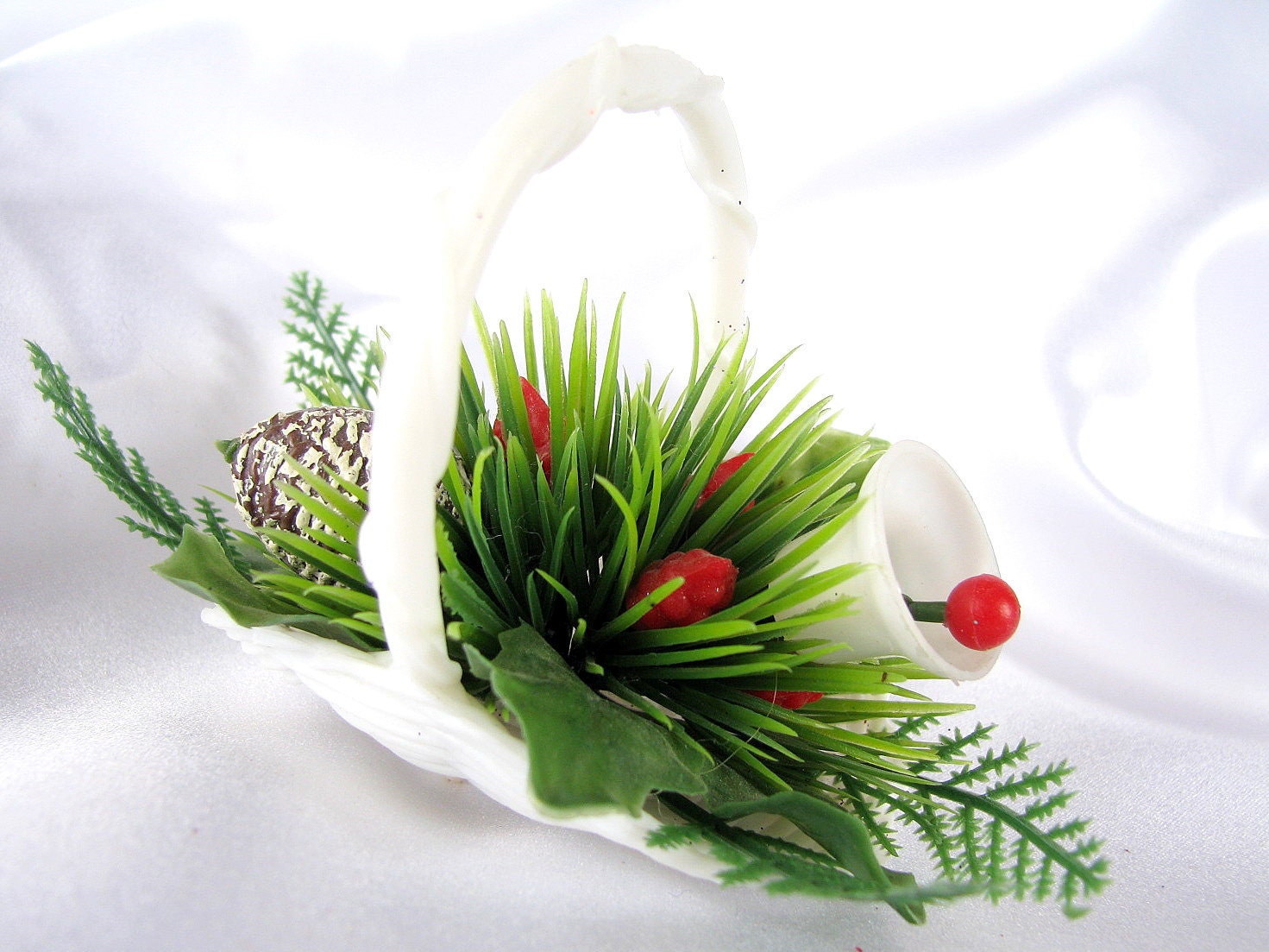 Vintage Plastic Christmas Bell and Pinecone Basket Ornament