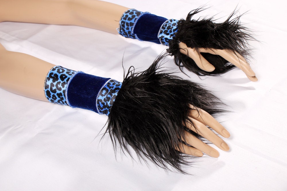 Roller Derby Arm Warmers Black Blue Cuffs sleeves Velvet fingerless glovesTribal Belly Dance cat print Monster Paws long black monster fur