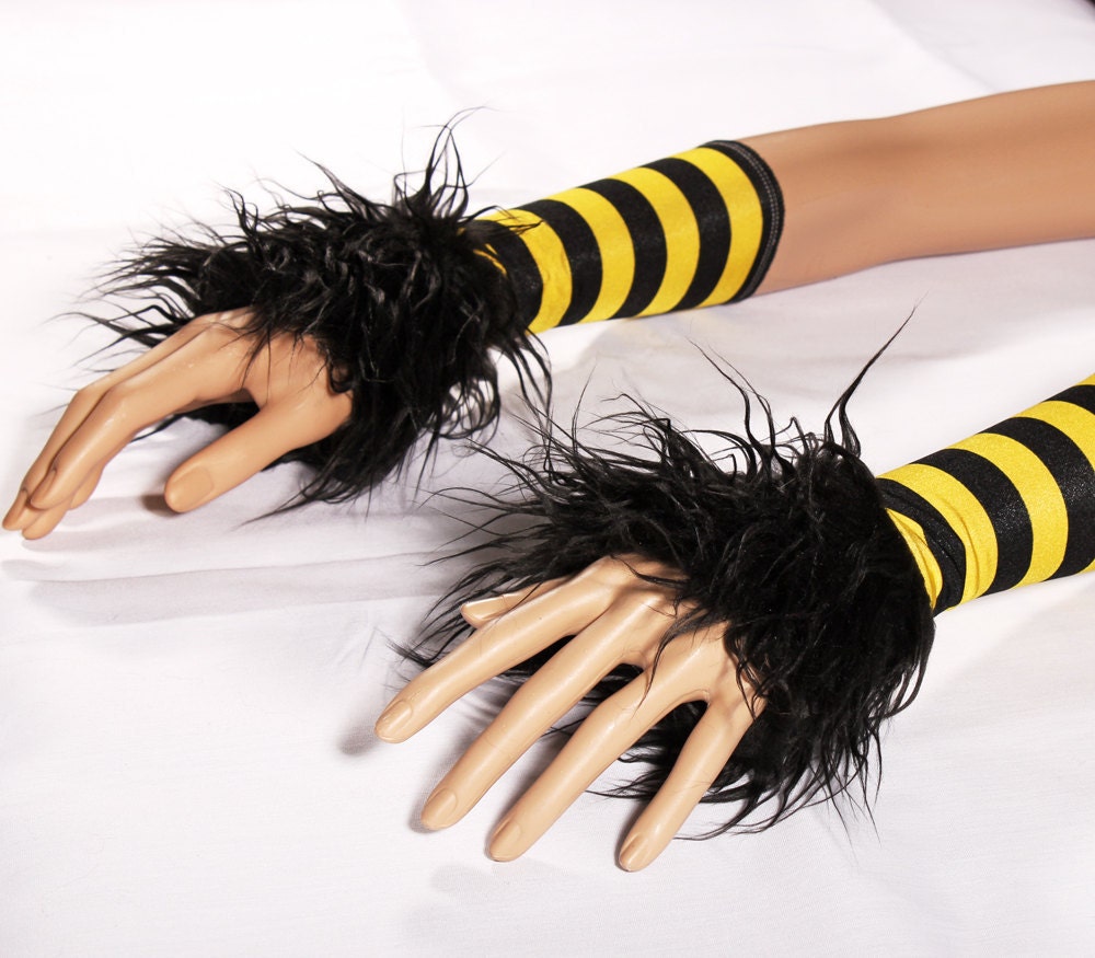 Queen Bee Arm Warmers long arm cuffs Black Yellow Stripes fingerless glovesTribal Belly Dance Pirate Monster Paws long Black monster fur