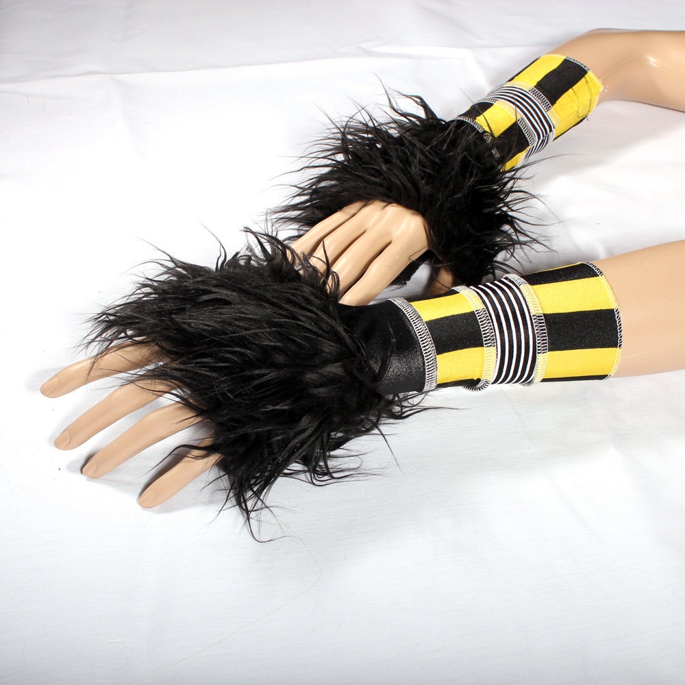 Skinny Arm Warmers Black Yellow Stripes fingerless gloves Children MittensTribal Belly Dance Pirate Monster Paws long Black monster fur