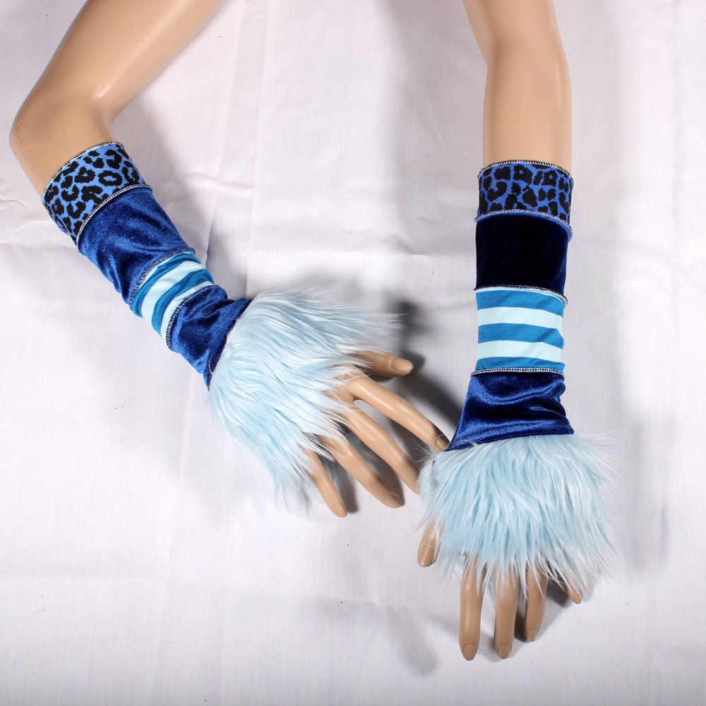 Gothic Lolita Arm Warmers Blue Velvet cat print stripes Long sleeves Fingerless gloves Hand Covers Belly Dance Gauntlets