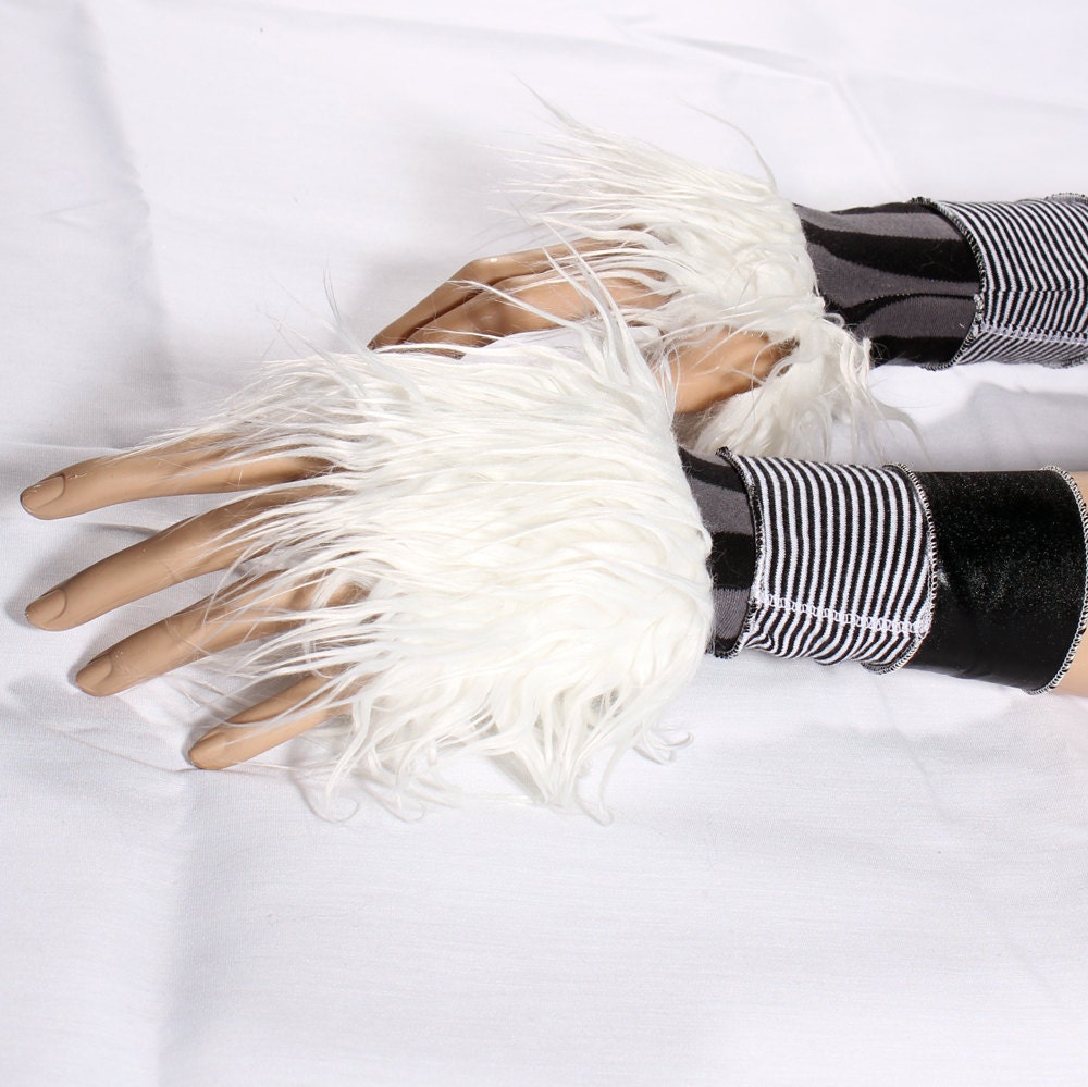 Victorian Carnival Arm Warmers Black White Stripes Grey fingerless gloves Belly Dance Monster Paws with long White monster fur