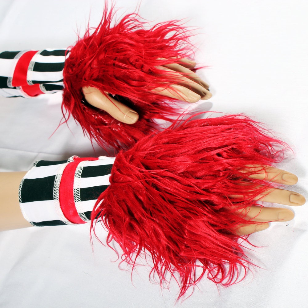 Carnival Ringmaster Arm Warmers Red Black White Pirate Stripes fingerless gloves Belly Dance Monster Paws with long Blood Red monster fur