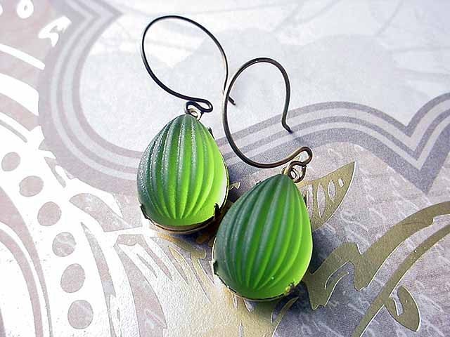 Olivine Green Earrings Frosted Glass Gold Holiday Dangles Gift For Her Under 25 Vintage Ribbed Melon Glass Pear Cabochons