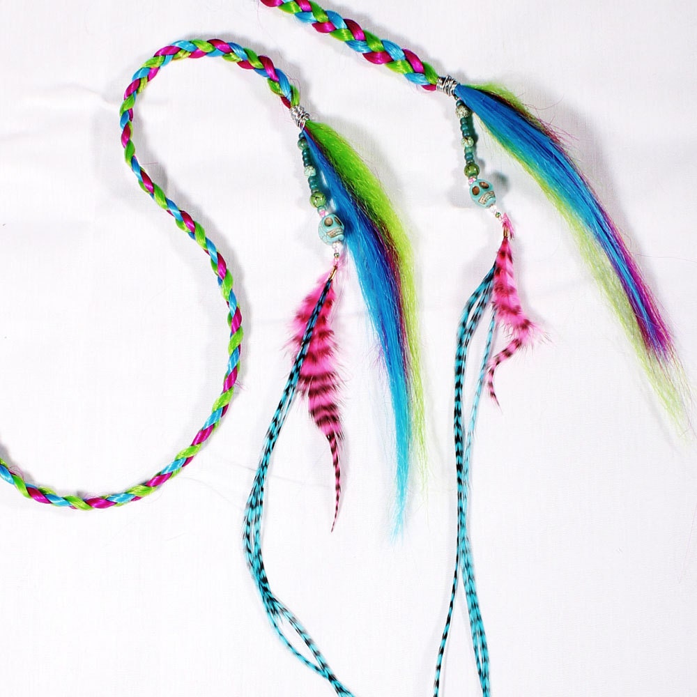 Gypsy Pirate Feather Hair Extension Hair Clip Headband beaded Lime Green Blue Hot Pink Fairy hair hairpiece free spirit