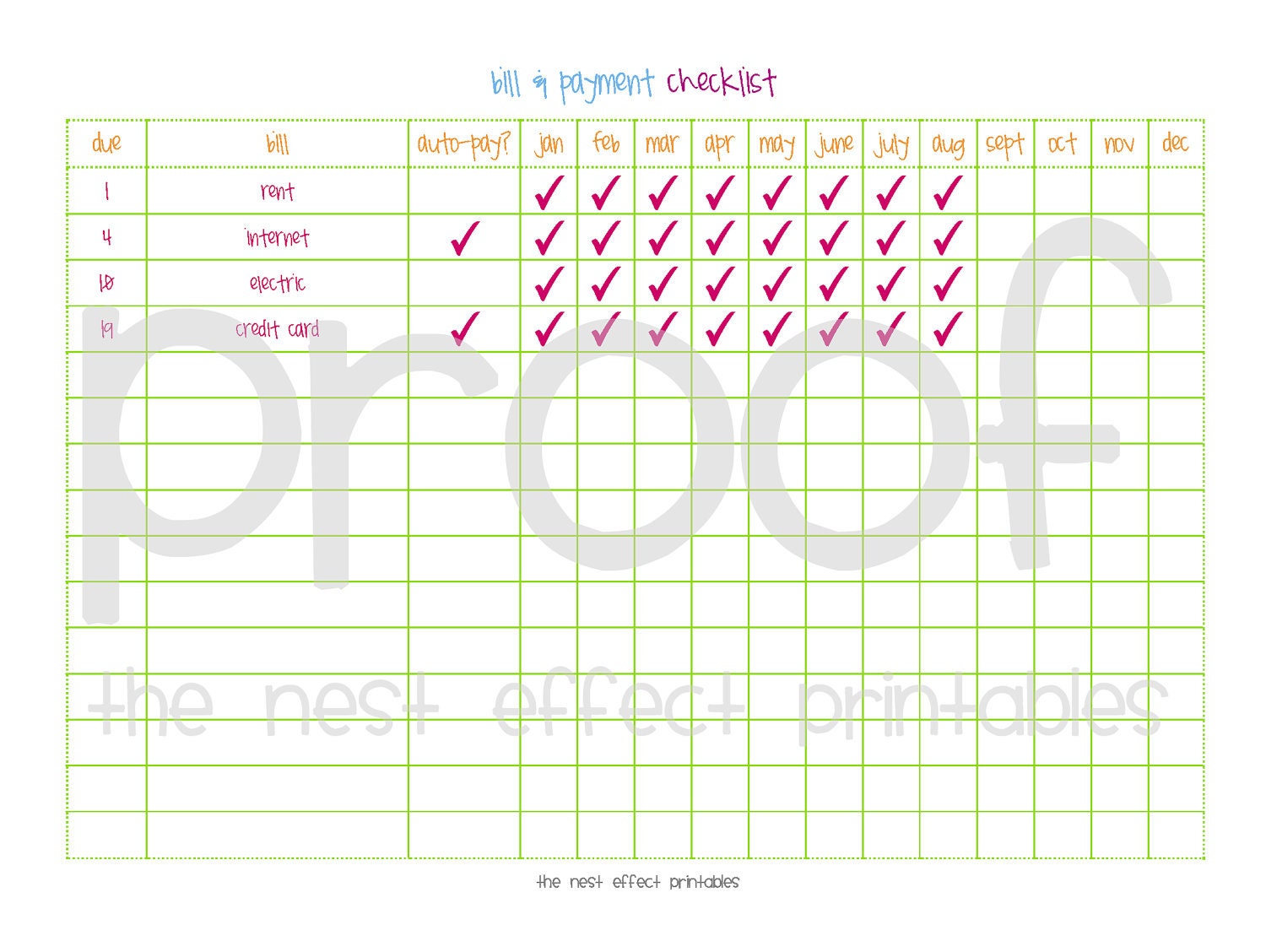 bill and payment checklist - editable document