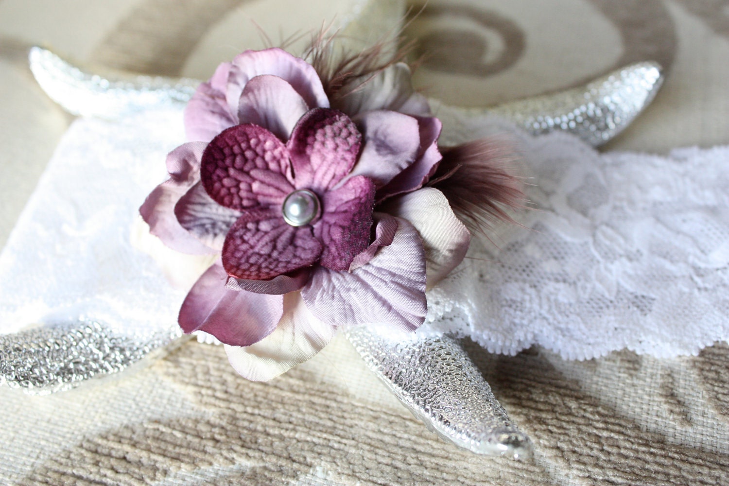 White and Purple Violet Lace Garter - Soft Silk Flower, Delicate Grey Pearl Center with Gorgeous Feather Accent Toss Garter Included