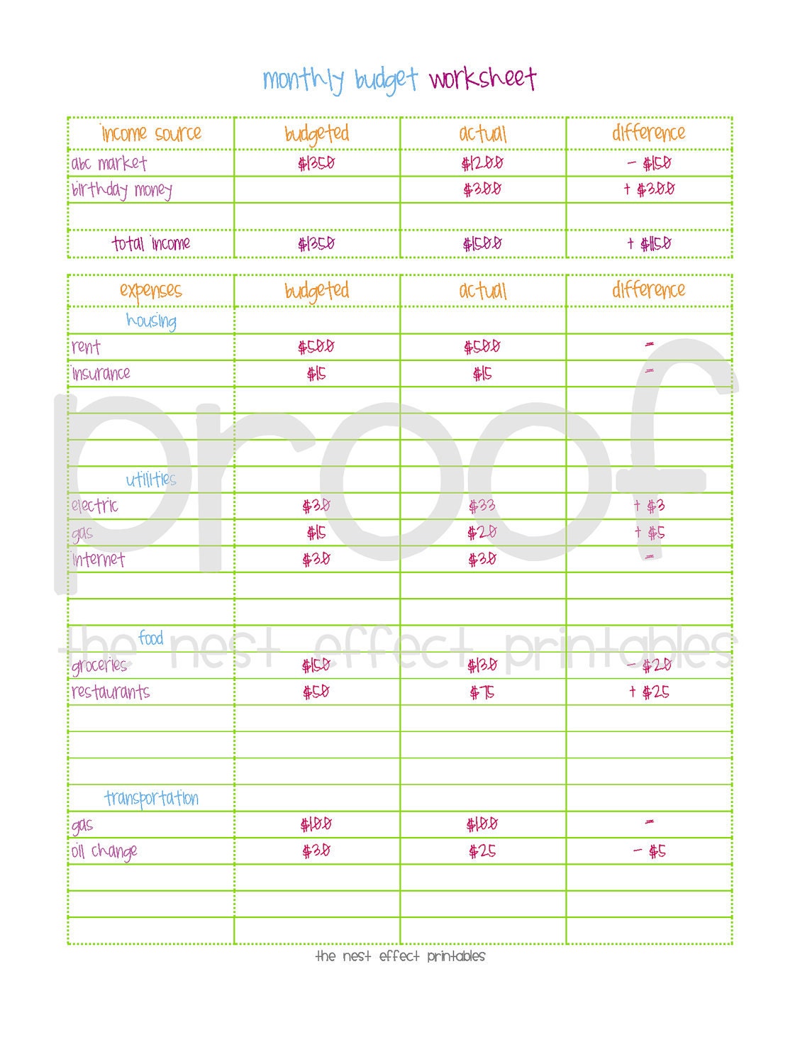 monthly budget worksheet - editable document
