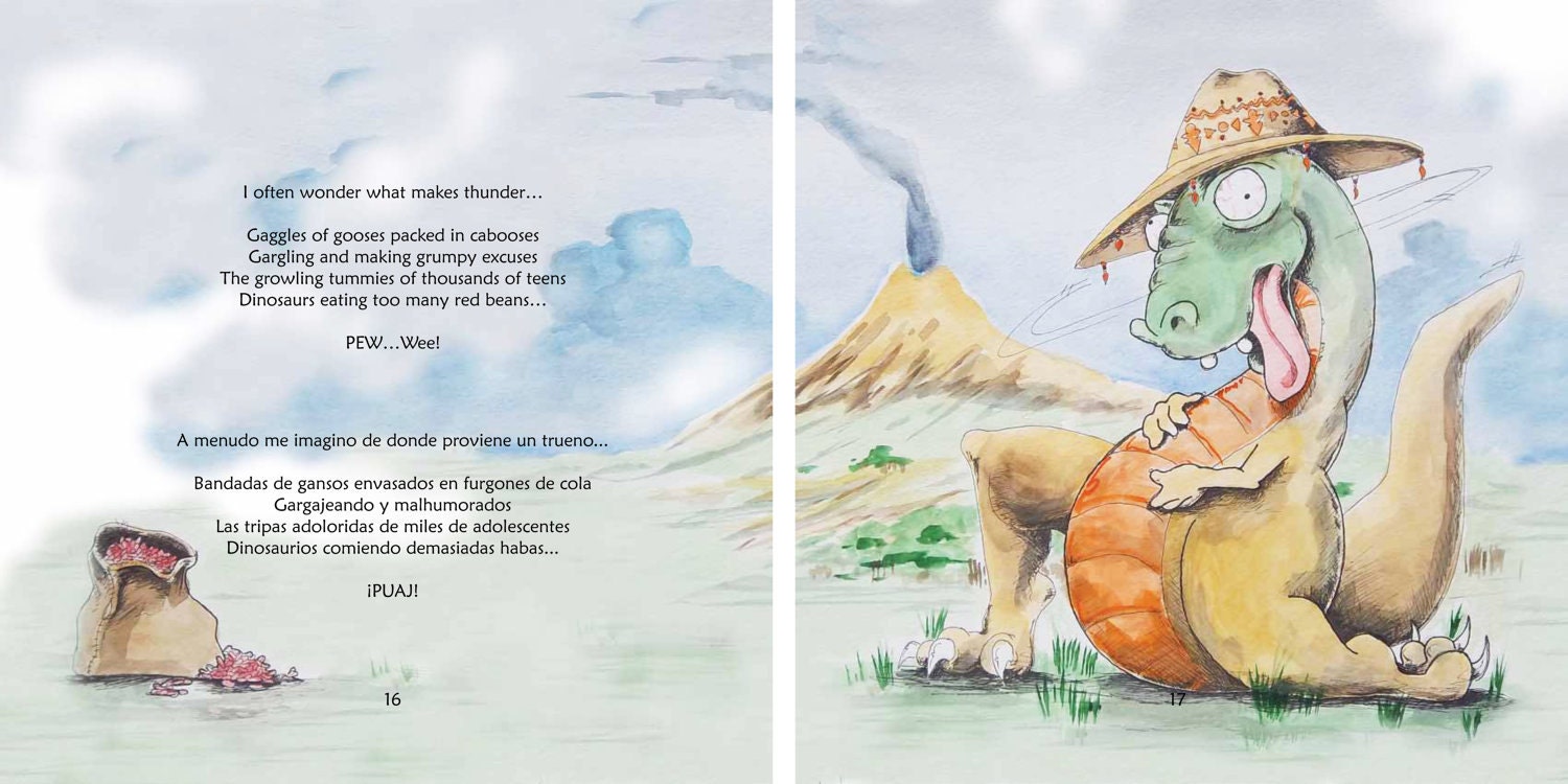 Original Watercolor Painting Page 16 17 from Children's Book Thunderful Dino that Ate too Many Red Beans.