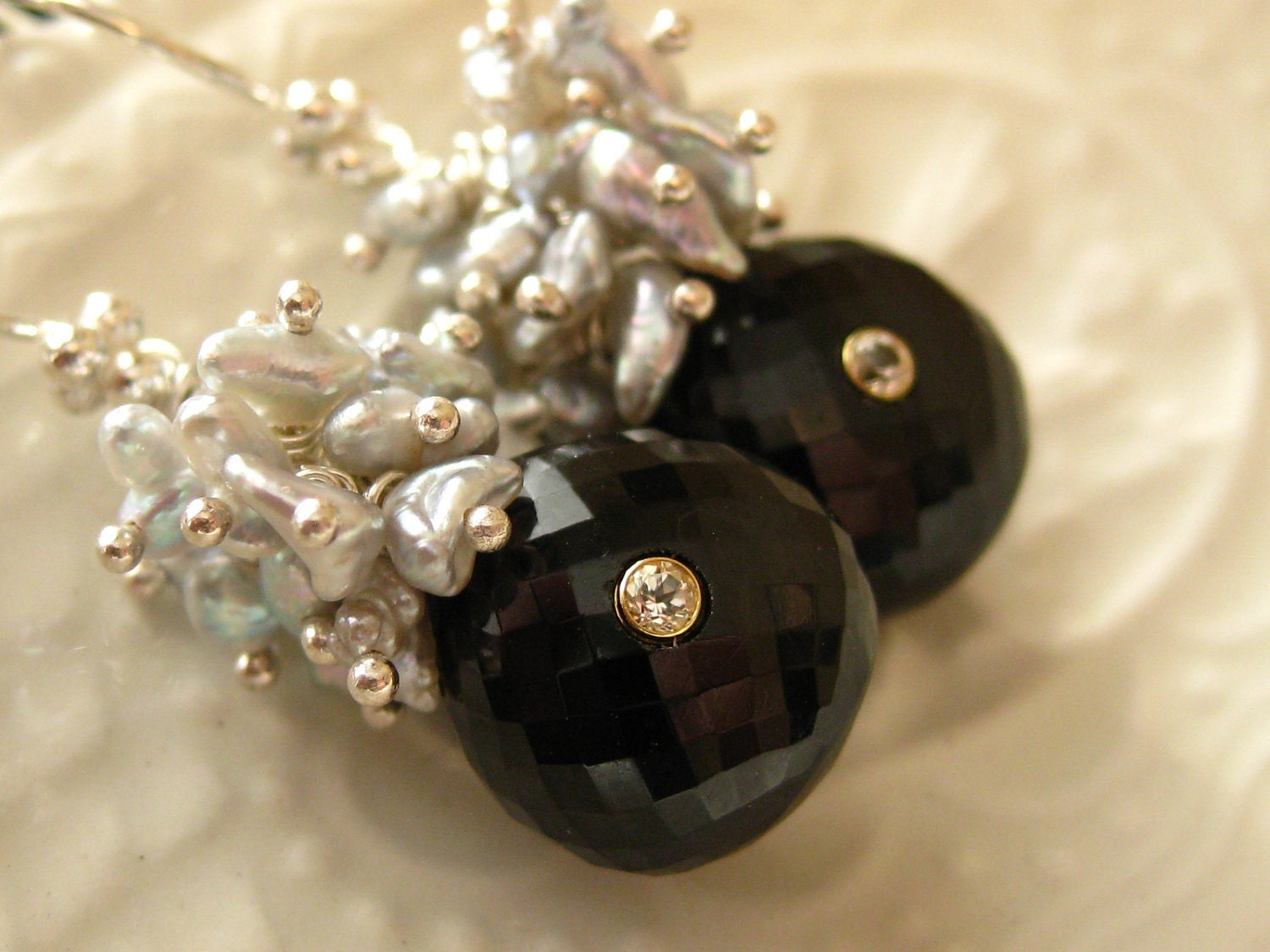 Black Spinel, Japanese Akoya Pearl Earrings-Paris Earrings