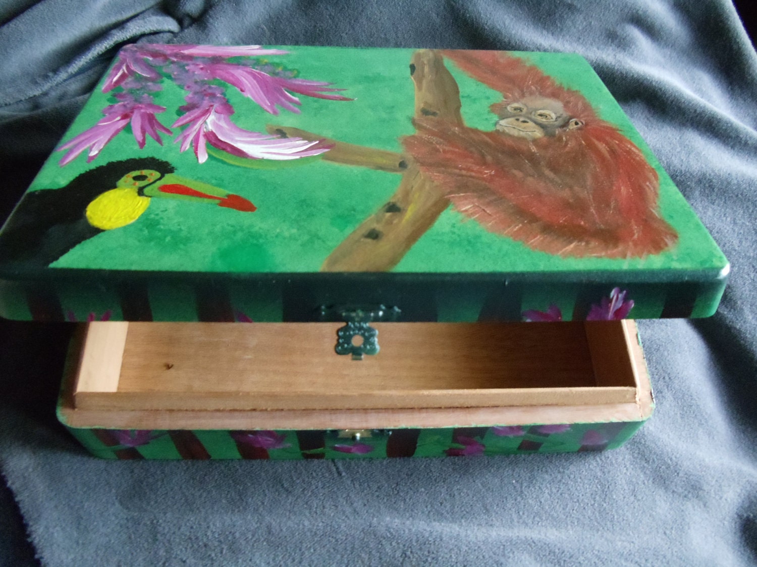 OOAK hand painted Baby Orangutan and Keel-Billed Toucan cigar box