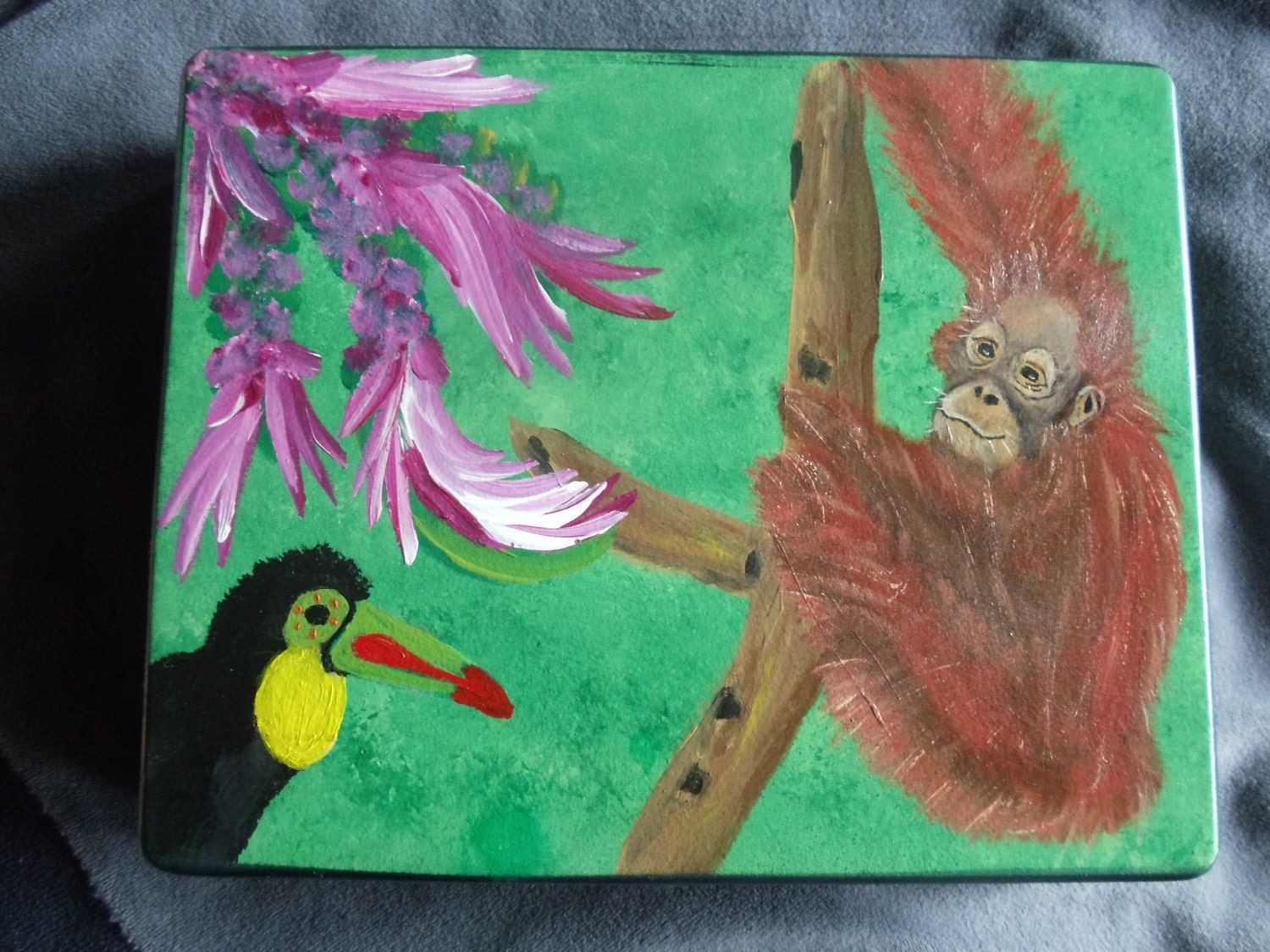 OOAK hand painted Baby Orangutan and Keel-Billed Toucan cigar box