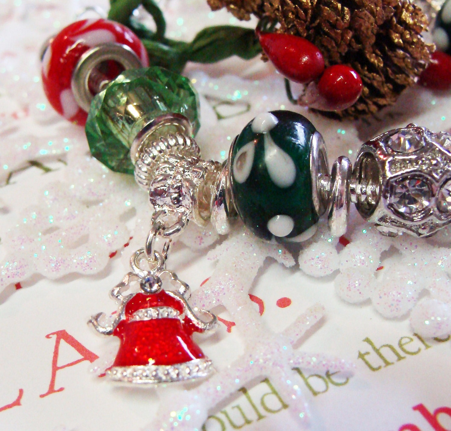 Christmas Red and Green Pandora Style Bracelet with Faceted Crystals and Rhinestones