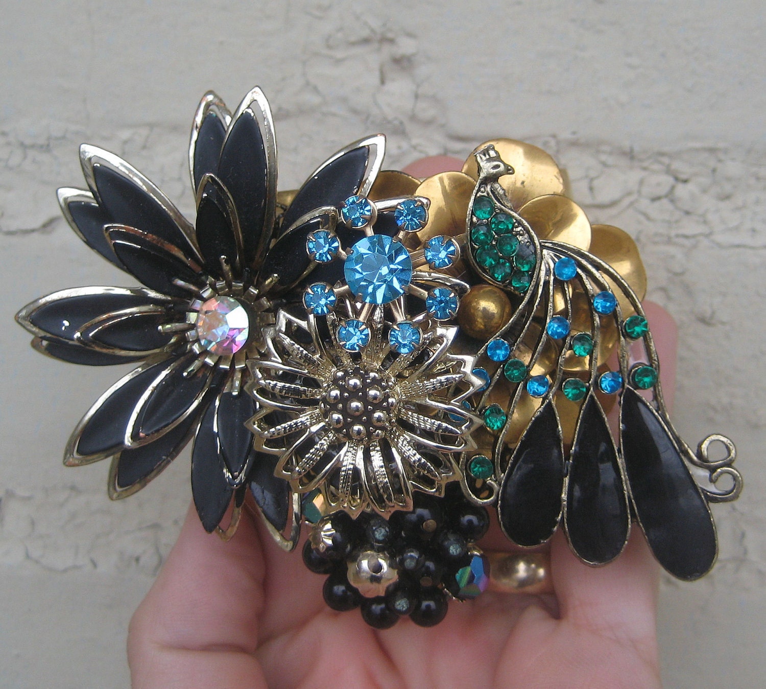 Vintage  Enamel Brooch Peacock Collage Assemblage Cuff Bracelet Gold Black Teal Turquoise