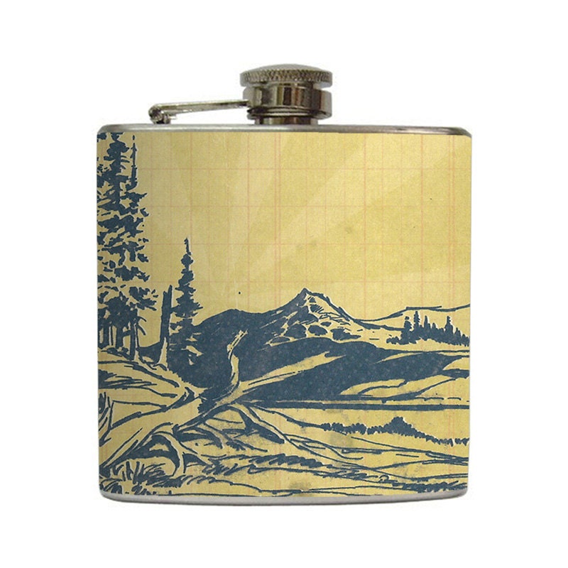 Blue Pine Trees Hip Flask Vintage  Forest Mountain Landscape Camping Hiking Gift Stainless Steel 8 oz or 6 oz Liquor Hip Flask LC-1039