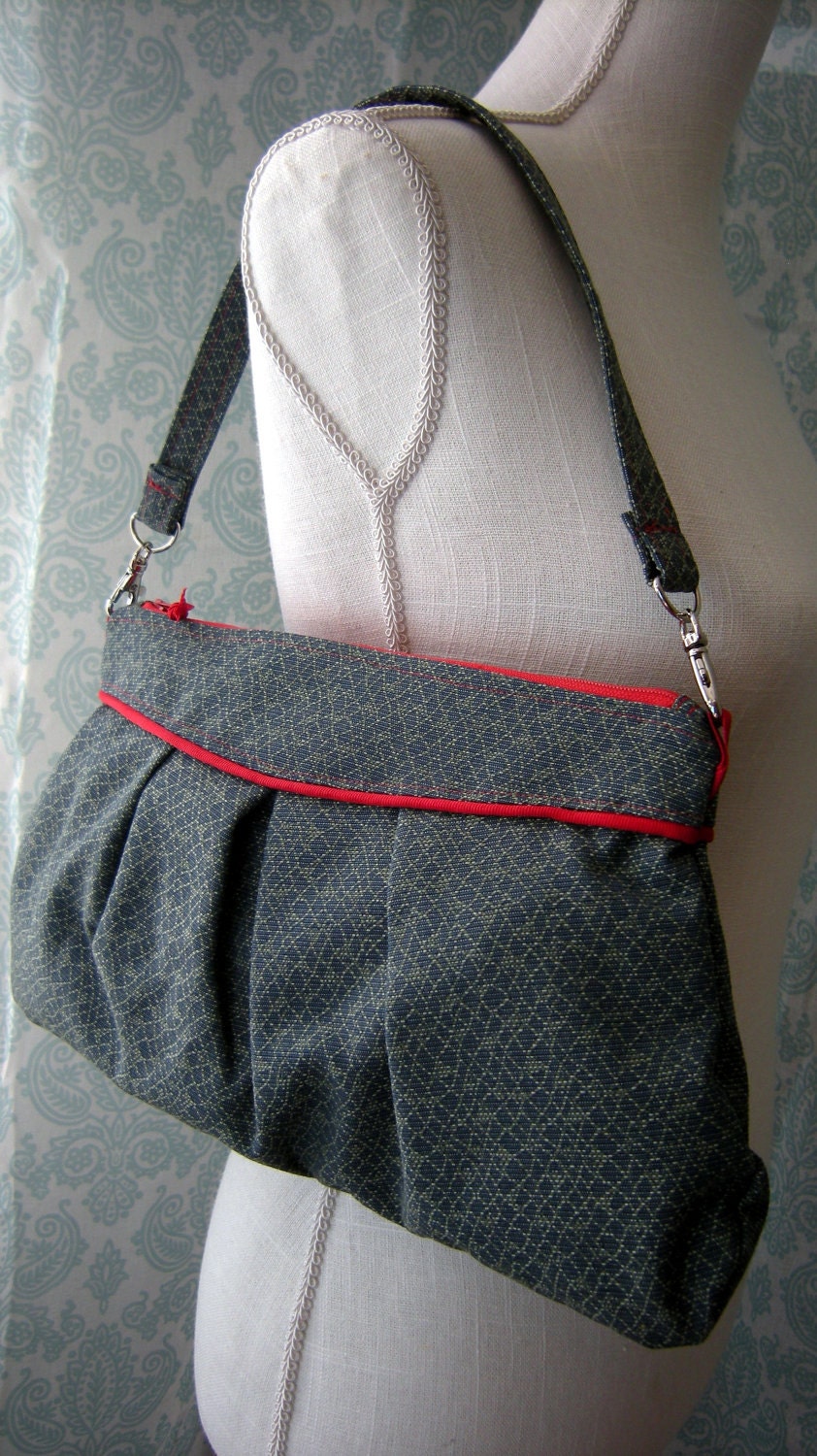 Jackie Handbag converts to Clutch or Wristlet in Sea Denim with Red Grosgrain Accents