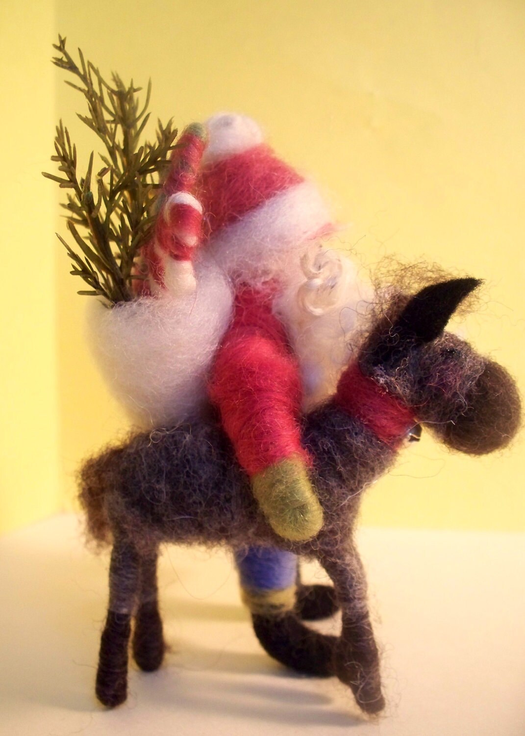 Santa and Dominique the Donkey Felted Ornament - NEW