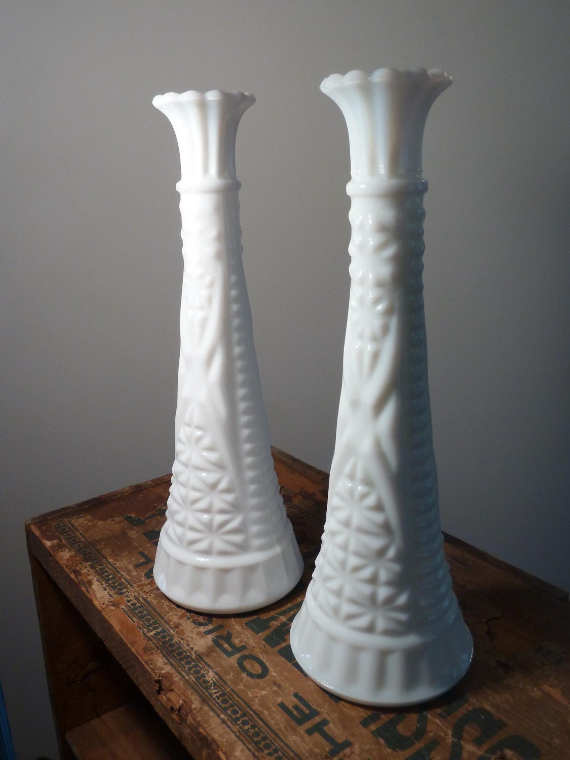 Pair of Two Tall Milk Glass Bud Vases by Anchor Hocking