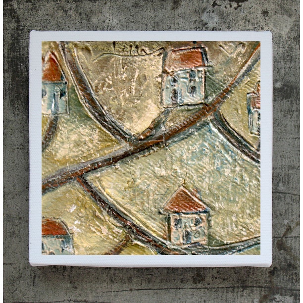 Houses Art Block - 5x5 Canvas Print on Wood Frame -  Our House - Folk Art Style- Wall Art - Home Decor