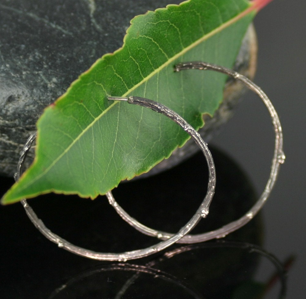 Handmade sterling silver twig hoops, antiqued black