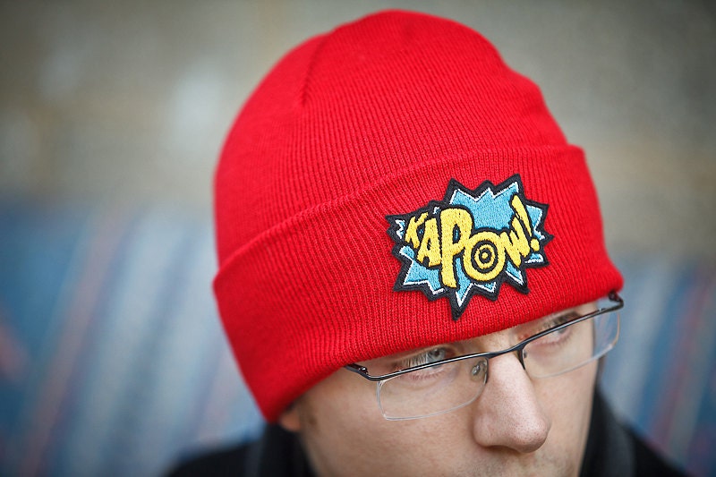 Red Beanie Cap, KAPOW, Comic Book Hat, Red Knitted Hat with Teal and Yellow Kapow