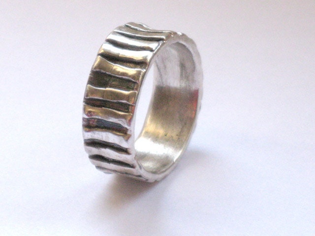 Unique Rustic silver band ring with vertical stripes, handmade sterling silver jewelry ring