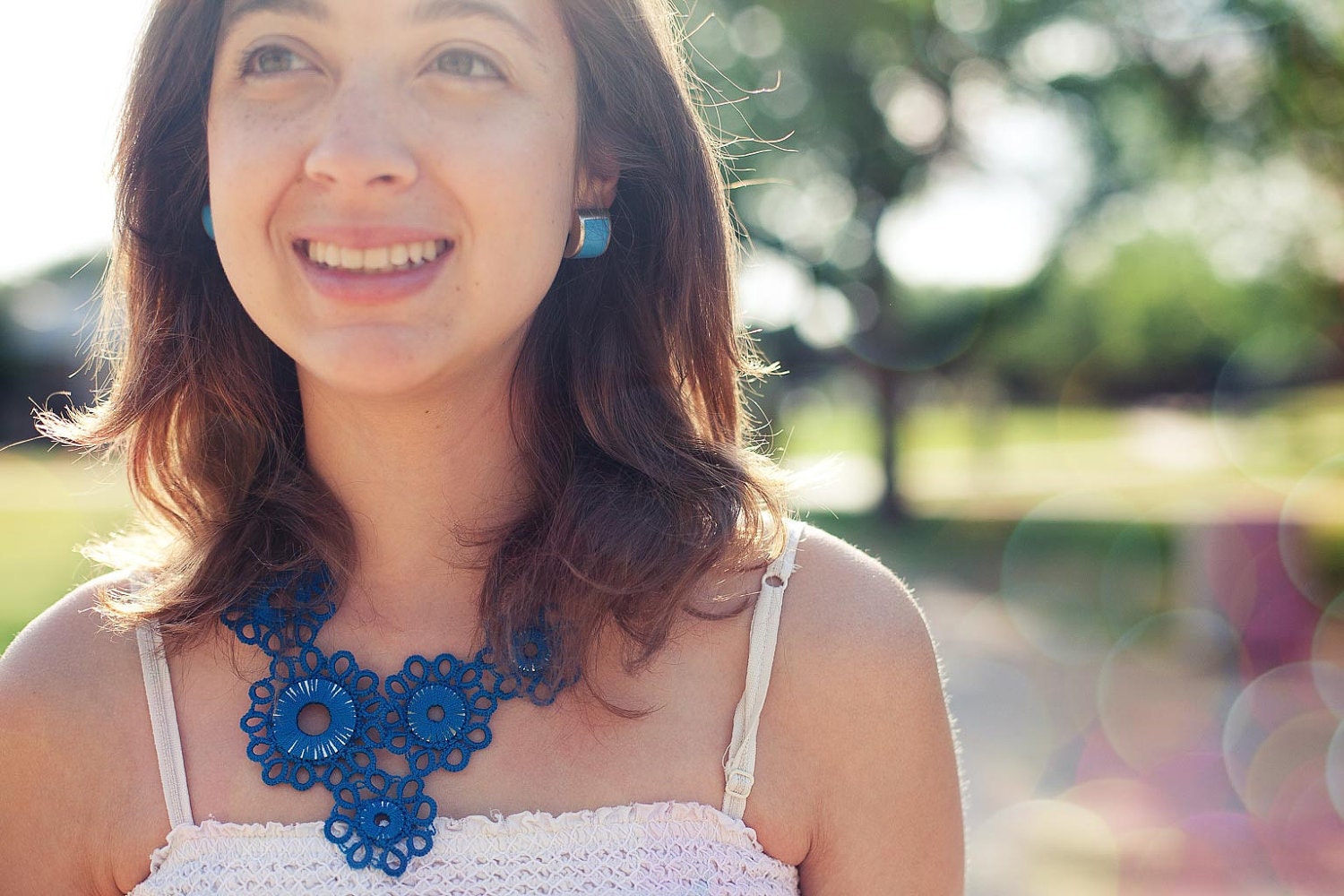 Sunbreak Tatted Bib Necklace - Teal and Silver - Huang Nan