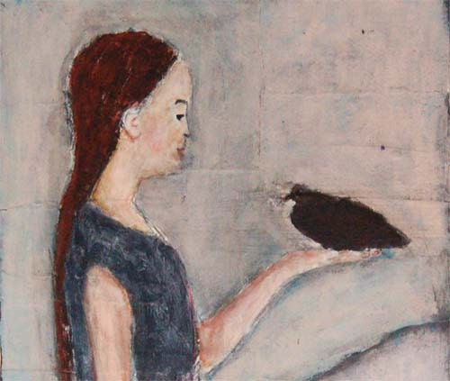 Girl holding bird in hand original painting - On a Cold Winter Day