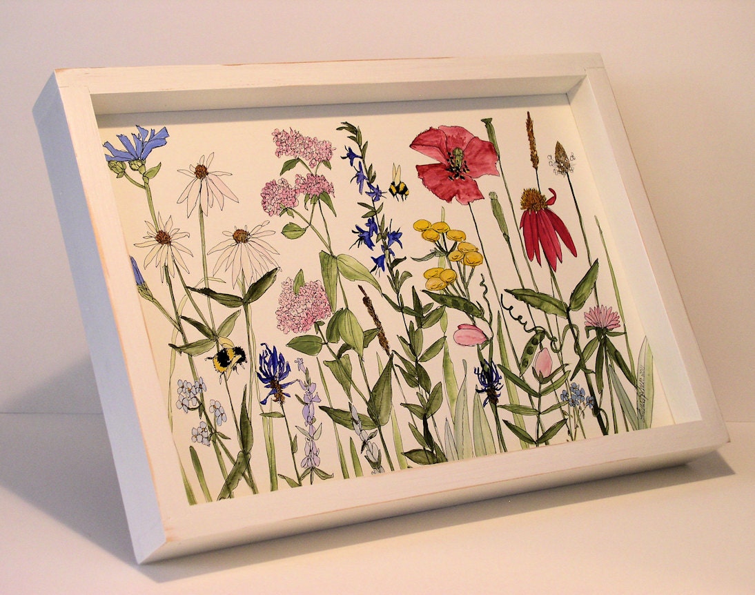 Painted Furniture Farmhouse Wood Tray with Wildflowers on White Background