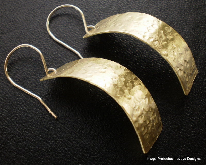 Curved hammered brass earrings, gold filled ear wire