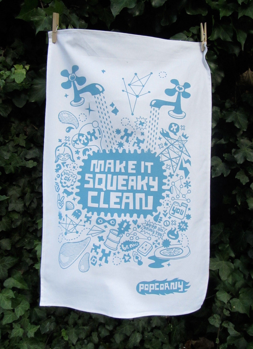 POPCORNY Screen Printed Teatowel in Blue